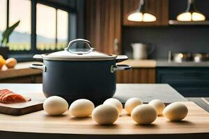 a large pot with eggs on a cutting board. AI-Generated photo