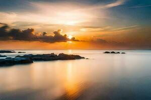 a long exposure photograph of the sun setting over the ocean. AI-Generated photo