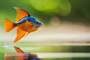 a fish with orange and blue fins is jumping into the water. AI-Generated photo