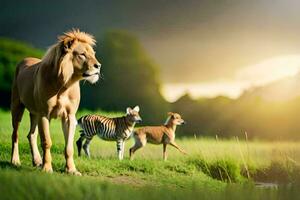 un león y dos cebra en pie en el césped. generado por ai foto