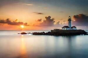 a lighthouse sits on a rocky island in the ocean at sunset. AI-Generated photo