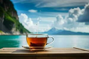 un taza de té en un de madera mesa en frente de un lago. generado por ai foto