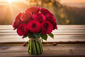 un ramo de flores de rojo rosas en un de madera mesa. generado por ai foto