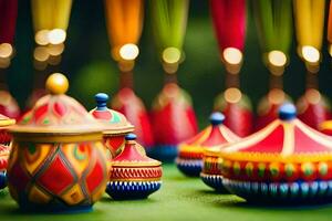 colorful diyas and lanterns on a green table. AI-Generated photo