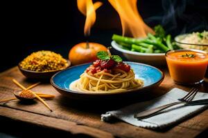 spaghetti with tomato sauce, green beans and a fork on a wooden table. AI-Generated photo