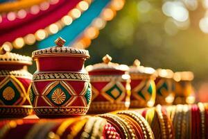 indian wedding decorations with colorful pots and bowls. AI-Generated photo