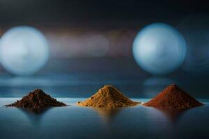 three different colored powders on a table. AI-Generated photo