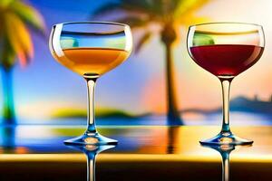 two glasses of wine on a table with palm trees in the background. AI-Generated photo