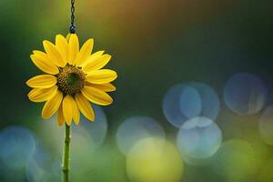a single yellow sunflower is hanging from a string. AI-Generated photo