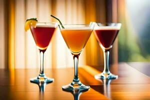 three different types of cocktails sit on a table. AI-Generated photo