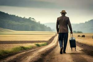 a man in a suit and hat walking down a dirt road with a suitcase. AI-Generated photo