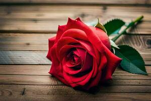 a single red rose laying on a wooden table. AI-Generated photo