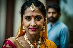 a beautiful indian bride with her husband in the background. AI-Generated photo