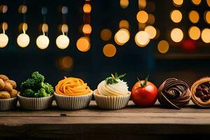 a row of cupcakes with different types of food. AI-Generated photo