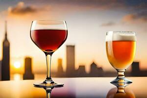 dos lentes de cerveza y vino en un mesa con un ciudad horizonte en el antecedentes. generado por ai foto