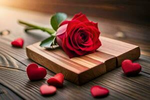the rose is on a wooden table with hearts scattered around it. AI-Generated photo