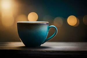 a blue cup sitting on a wooden table with bokeh lights. AI-Generated photo