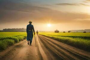 a man walking down a dirt road in a field. AI-Generated photo