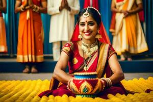 a woman in traditional indian attire sits on a mat with other women. AI-Generated photo