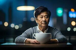 un asiático hombre sentado a un mesa con un taza de café. generado por ai foto