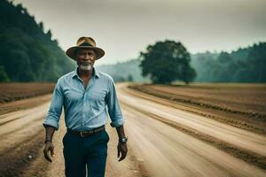 an older man in a hat and shirt walking down a dirt road. AI-Generated photo