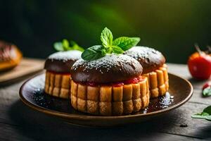 three mini cakes with chocolate and mint on a wooden table. AI-Generated photo