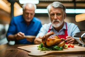 two older men eating a chicken on a cutting board. AI-Generated photo