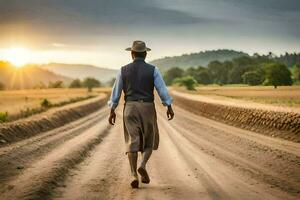 a man in a hat and vest walking down a dirt road. AI-Generated photo