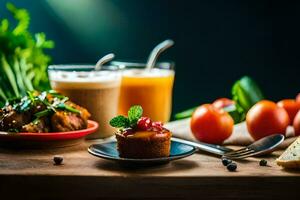 un mesa con comida y bebidas en él. generado por ai foto