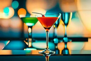 a cocktail on a bar counter with a blurred background. AI-Generated photo