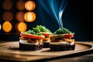 three small desserts on a wooden plate with smoke coming out of them. AI-Generated photo