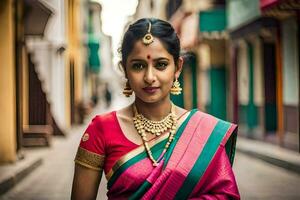 un mujer en un sari en pie en un calle. generado por ai foto
