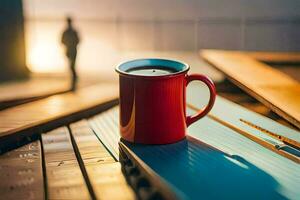 a red coffee mug on a table with a person in the background. AI-Generated photo