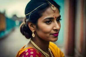 a woman in a traditional sari poses for a portrait. AI-Generated photo