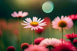 pink daisies in a field with a sun in the background. AI-Generated photo