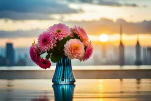flowers in a vase on a table with a city skyline in the background. AI-Generated photo