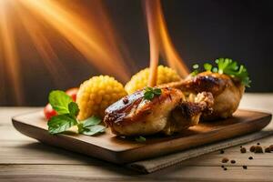 grilled chicken on a wooden plate with corn and tomatoes. AI-Generated photo