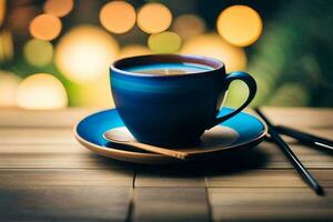 a cup of coffee on a wooden table with bokeh lights. AI-Generated photo