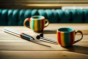 two colorful coffee cups and a pen on a table. AI-Generated photo
