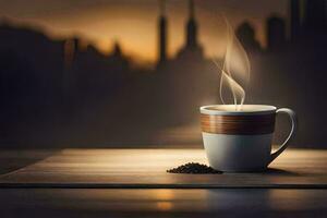 a cup of coffee on a table with a city in the background. AI-Generated photo