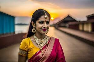 un hermosa mujer en un rojo sari con oro joyas. generado por ai foto