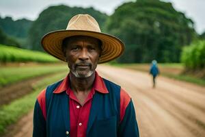 a man wearing a hat stands on a dirt road. AI-Generated photo