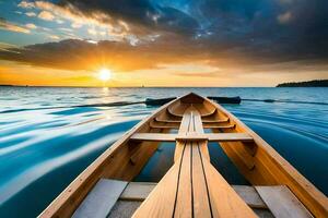 the sun rises over the ocean in a wooden boat. AI-Generated photo