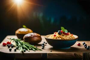 pasta with berries and herbs on a wooden table. AI-Generated photo