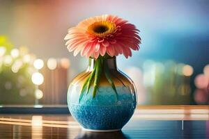 a vase with a pink flower sitting on a table. AI-Generated photo