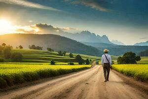 hombre caminando en un suciedad la carretera en el medio de un campo. generado por ai foto