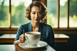 a woman sitting at a table with a cup of tea. AI-Generated photo