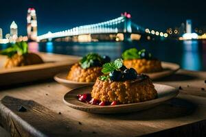 the food is served on a wooden table with a view of the city. AI-Generated photo