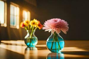 two vases with flowers sitting on a table. AI-Generated photo