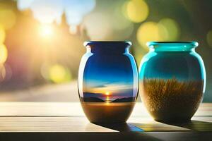 two vases with a sunset in the background. AI-Generated photo